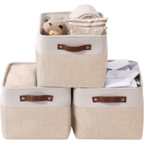 DECOMOMO Storage Bins | Fabric Storage Baskets for Shelves for Organizing Closet Shelf Nursery Toy | Decorative Large Linen Closet Organizer Bins with Handles (Beige and White, Large - 3 Pack)