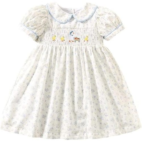 Baby Girl Smocked Dress with Duck Embroidery Cotton Floral Print Cute Toddler Dress Peter Pan Collar Blue Gingham Sash
