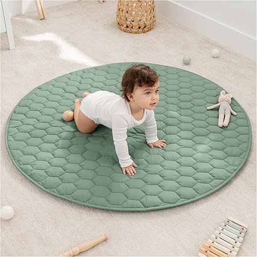 Comfy Cubs Round Kids Play Mat - Medium 48 inches Soft Quilted Baby Floor Mat with Non-Slip Bottom - Plush Design for Toddlers' Playtime and Relaxation - Comfortable and Durable - Sage