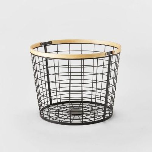 Round Black Wire With Natural Wood Handles Floor Basket - Brightroom™