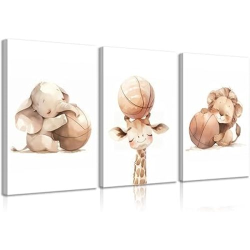 Baby Animal Nursery Canvas Wall Art Cute Safari Animals and Basketball Picture Vintage Wall Decor Giraffe Elephant and Lion Poster Print Artwork for Baby Children's Room Bedroom Decor 12x16in