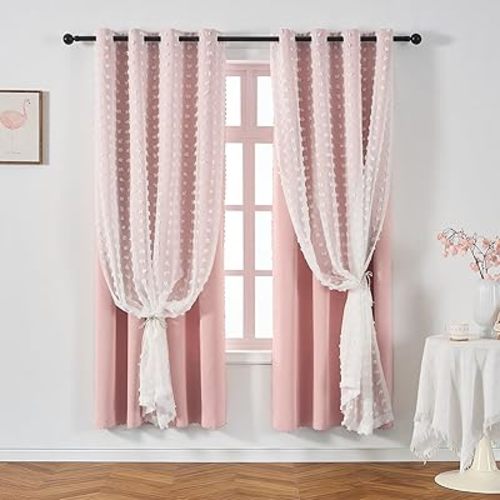 Pink Blackout Pom Pom Sheer Curtain for Girls Bedroom 2 Panels, Double Layered Curtain with White Overlay, Light Blush Baby Toddler Nursery Curtains 63 Inch Length, Cute Boho Window Drapes