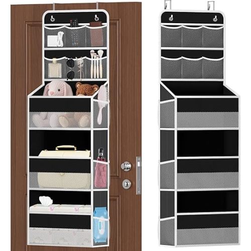 5-Tier Over the Door Organizer with Mesh Pockets, Baby Nursery Storage for Closet, Bathroom and Bedroom, Adjustable Hanging Closet Organizer for Cosmetics, Books and Essentials（Black）