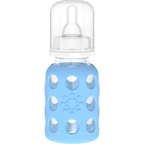 Lifefactory 4-Oz Glass Baby Bottle with Protective Silicone Sleeve and Stage 1 Nipple Sky Blue