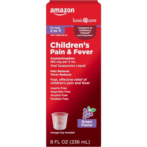Amazon Basic Care Children's Pain and Fever, Acetaminophen 160 mg per 5 mL Oral Suspension, Grape Flavor, 8 fl oz