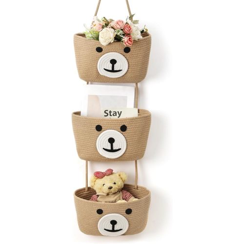Yiyiring Cute Bear Hanging Baskets, 3-tier Woven Cotton Wall Mounted Storage Organizer, Decorative Storage Hanging Closet Removable Large Wall Basket for Living Room Bedroom Kitchen