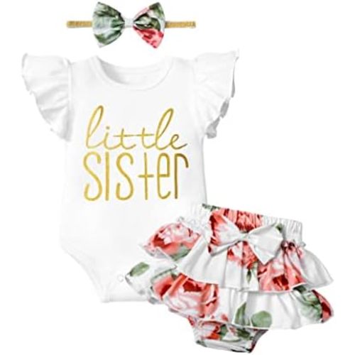 Baby Girl Clothes,Girl Summer Outfit Romper Sets Ruffle Short Sleeve Top+Shorts+ Bow Hairband 3Pcs Set