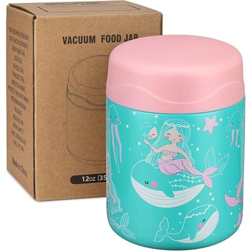 12oz Soup Thermo for Hot Food Kids Insulated Food Jar Wide Mouth Lunch Container Leak Proof Stainless Steel Vacuum Bento Box for School Office Travel Outdoors Green-Mermaid