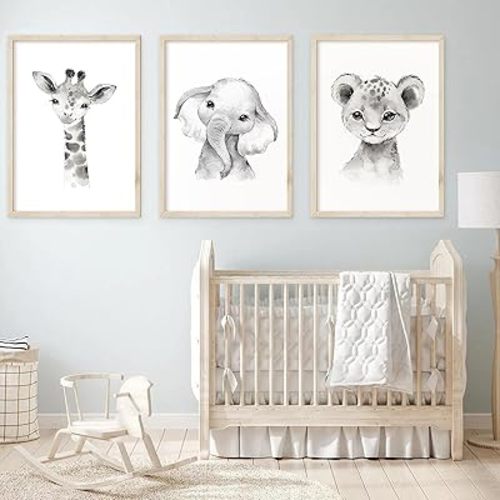 Safari Nursery Wall Art Decor Baby Animal Canvas Wall Art Baby Room Nursery Pictures Kids Artwork Safari Jungle Animal Prints Giraffe Elephant Tiger Painting Set of 3 for Bedroom 16x24 Inch Unframed