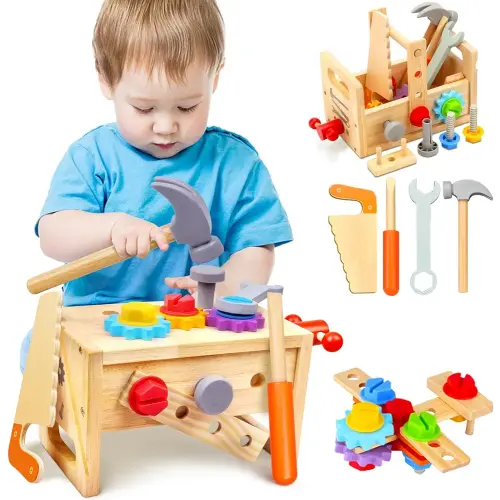 Kids Tool Set - 29 PCS Wooden Toddler Tool with Box, Montessori STEM Educational Pretend Play Construction Toy for 2 3 4 5 6 Year Old Boys Girls, Best Birthday Gift