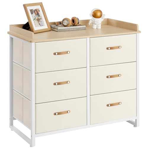 SONGMICS Kids Dresser with 6 Drawers, Boys Girls Dresser, with Water-Resistant Tabletop, Storage Organizer Cabinet, for Bedroom Hallway, Beige UGKR101K01