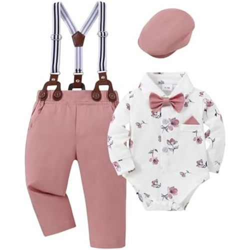 CARETOO Baby Boy Clothes Suit Infant Gentleman Boy Outfits Dress Shirt/Bowtie/Suspender Pants Set 0-18 Months