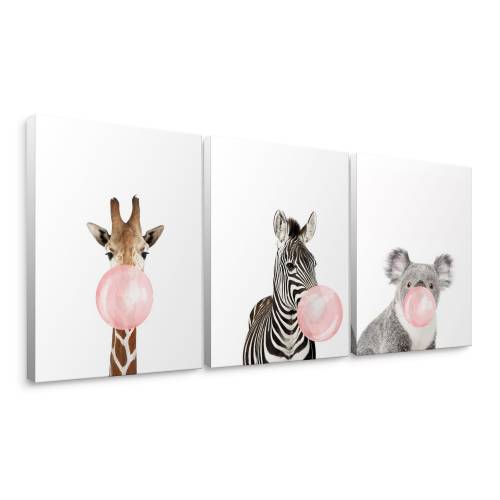 Giraffe Zebra Koala, 3-Piece Pink Bubble Gum Animals Canvas Wall Art Home Decor, Gallery Wrapped & Ready to Hang