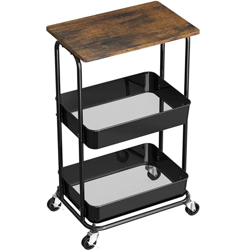 Simple Houseware 2-Tier Rolling Utility Cart with Lockable Wheels and Wood Top, Metal Storage Organizer Trolley for Kitchen, Bathroom, Office, Craft Room, Rustic Brown