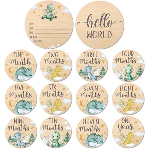 Huray Rayho Little Dragon Baby Monthly Milestone Cards Neutral Wooden Tags Newborn Photography Props Set of 13 Wood Discs from One Month to One Year Baby Growth Record