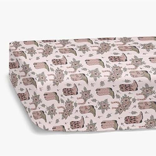HawSkgFub Cowgirl Boots Pink Floral Fitted Standard Crib Sheet for Baby Girl, Western Horseshoe Flower Toddler Mattress Cover, Soft Breathable Stretchy Nursery Bed Sheets Decor Kids Gift 52" x 28"