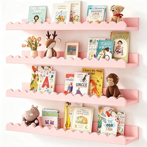 Shario Nursery Book Shelves, 4-Pack White Floating Shelves for Wall Kids, Scalloped Shelves, Wall Book Shelves for Bedroom Kids, Toddler Room, Baby Room, Nursery Decor(Pink, 23 Inches)