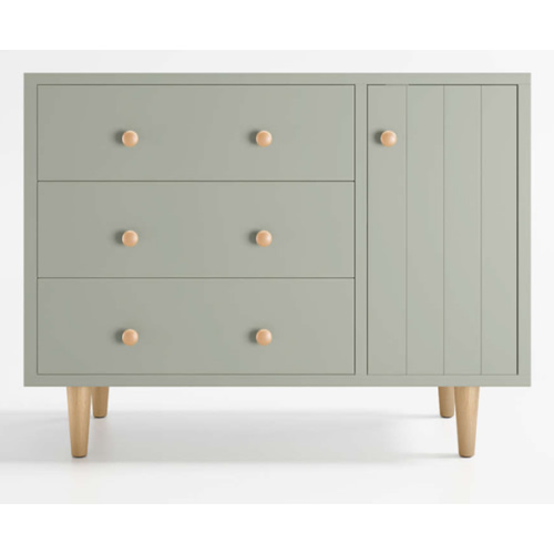 Finn 44" Narrow Sage Green Wood 3-Drawer Kids Dresser with Door