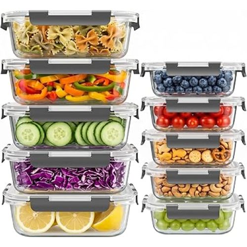 Dealusy 10 Sets (20-Piece) 4.5 Cup & 1.5 Cup Glass Food Storage Containers with lids, Airtight Leak-proof Glass Meal Prep Containers with Lids, Microwave Oven Freezer Dishwasher Safe, Gray