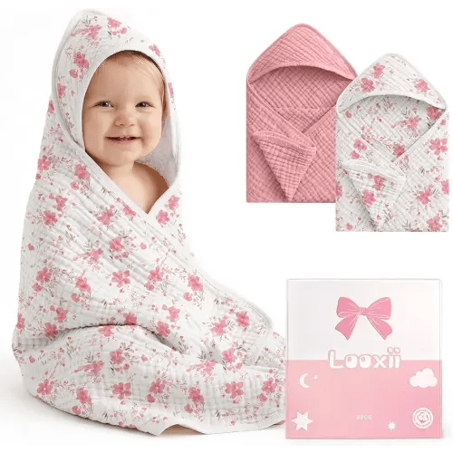 Looxii Baby Bath Towels 2 Pack Muslin Hooded Baby Towels for Newborn and Infants, 100% Cotton, Large 32x32Inch, Soft and Absorbent Pink+Flowers