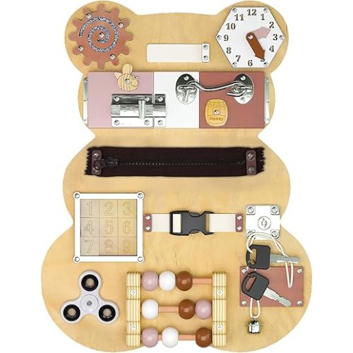 Busy Board for Toddlers - Activity Board Bear Shaped Montessori Toys for Kids - Sensory Stimulating Car & Airplane Travel Toys for Toddlers, Quiet Learning Activities for Autism