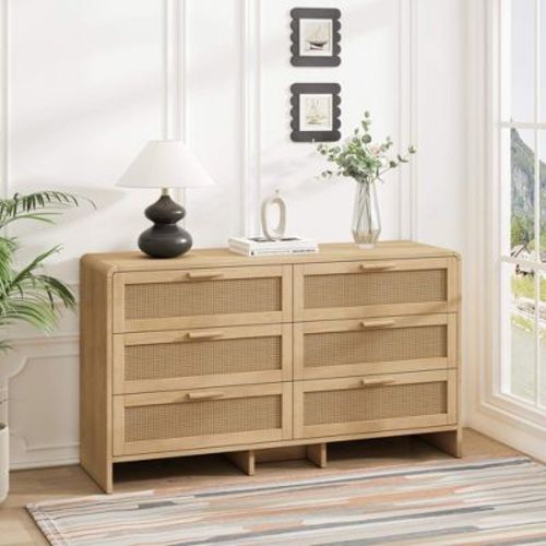 ORRD 51.18" Arc Corner Rattan Cabinet, 6-Drawer Storage for Living Room, Bedroom, Kitchen, Natural