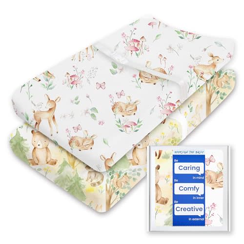 Changing Pad Cover for Girls Boys, TotBasic Premium Soft Changing Table Covers, Stretchy Jersey Changing Table Sheets - Fits All Standard Changing Pads - 2 Pack (Forest Bear & Bambi Deer)