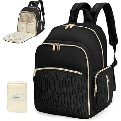 miss fong Diaper Bag Backpack - Baby Diaper Bag with Diaper Changing Pad Quilted Travel Diaper Backpack with 16 Pockets Mommy Bag Large Baby Bag Baby Shower Gifts for Mom & Dad-Black