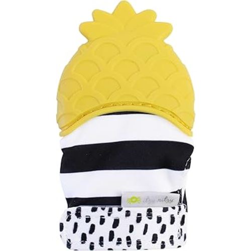 Itzy Ritzy Silicone Teething Mitt - Soothing Infant Teething Mitten with Adjustable Strap, Crinkle Sound & Textured Silicone to Soothe Sore & Swollen Gums - Baby Teething Toy For 3 Mos & Up, Pineapple