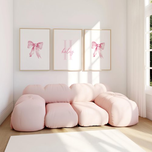 Pink Bow Watercolor Custom Initial Name Art, Pink Girly Art, Pink Nursery Set of 3 | Digital Download| Printable Wall Art | Really Aesthetic