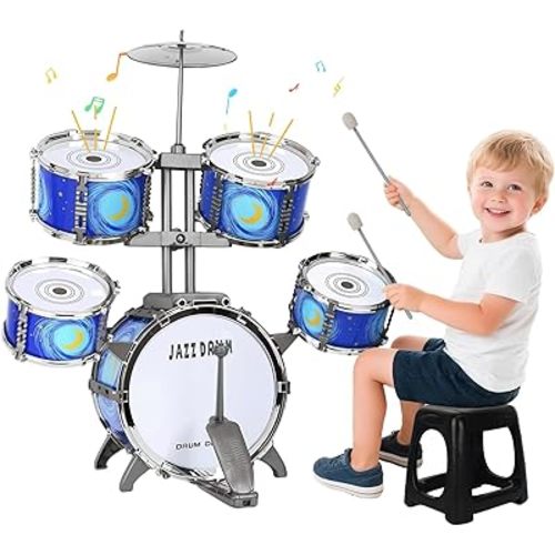 Upgraded Kids Drum Set for Toddlers 3-5 – Plastic Jazz Drum with Stool Musical Toy Birthday Xmas Gift for 3 4 5 6 Boys & Girls