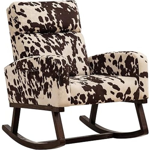 Nursery Rocking Chairs, Cow Printed Fabric Glider Chair Nursery Chair for Mom with High Backrest, Side Pocket and Extended Wood Legs for Bedroom Living Room, Cow