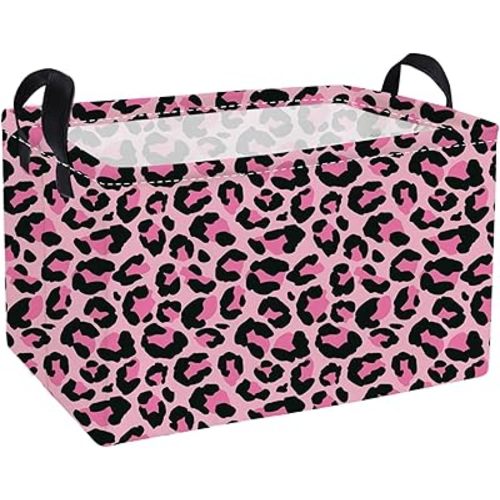 Essme Rectangular Baskets,Pink Storage Basket with Handles for Room Decor, Leopard Print Box,Cute Storage Bin(Pink leopard print)
