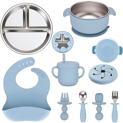Stainless Steel Baby Plates and Bowls Set with Easy Clean Removable Silicone Suction Baby Feeding Set with Toddler Stainless Steel Spoon Kids Fork and Silicone Cup Bib Toddler Cutlery(Blue