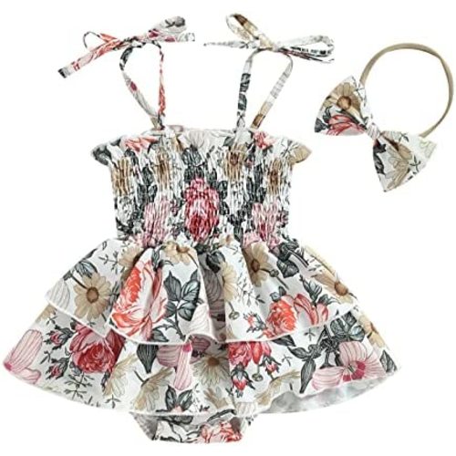 Infant Baby Girls Romper Dress 3 6 9 12 18 Months Onesie Short Sleeve Ruched Jumpsuits Skirts Hem Bodysuits Headband