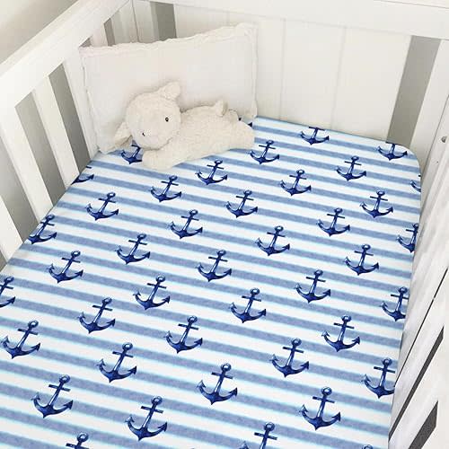 Navy Nautical Life Baby Crib Sheets 52''x28'' Watercolor Anchors Stripes Snug Fitted Crib Mattress Sheet for Boy Girl Marine Ocean Soft Nursery Bed Sheets for Standard Crib and Toddler Mattresses
