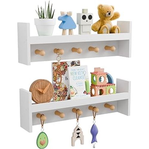Nursery Floating Shelves Set of 2 - Pine Wood Kids Shelves, Wall Shelf with Hooks, 24 Inches Floating Shelves for Wall Storage, Nursery Shelves for Kids Room, Bedroom, Entryway(White)