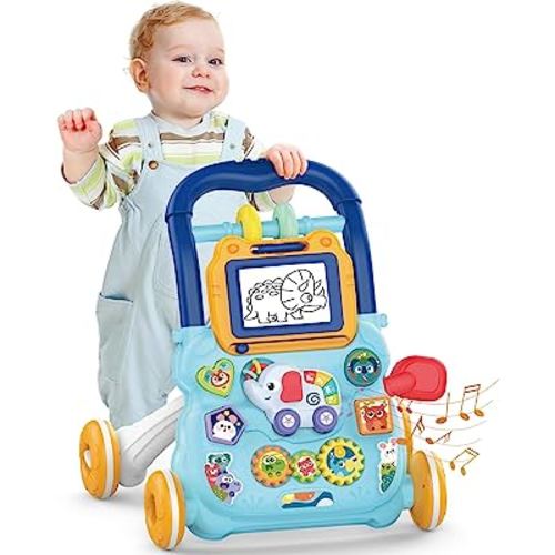 Baby Learning Walker, Sit to Stand 2 in 1 Early Educational Child Activity Center, Multifunctional Play Panel with Drawing Board Baby Music Learning Toys Gift for Infant Boys Girls (Blue)