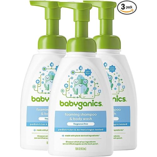 Babyganics Baby Shampoo + Body Wash Pump Bottle, Fragrance Free, Non-Allergenic and Tear-Free, 16 Fl Oz (Pack of 3), Packaging May Vary
