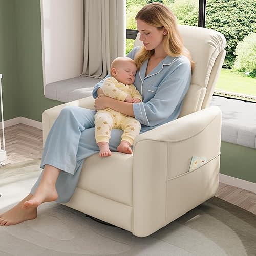22'' Power Swivel Rocker Recliner, 360° Swivel Nursery Rocking Chair Beige White