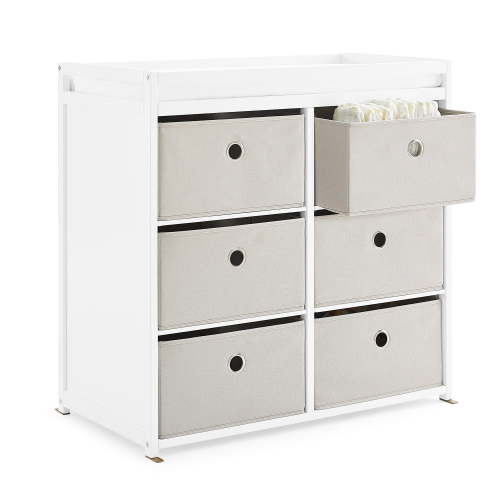 Delta Children Hayes Wooden Infant Changing Table with Toddler Pad and Fabric Bins, Bianca White/Flax Bins