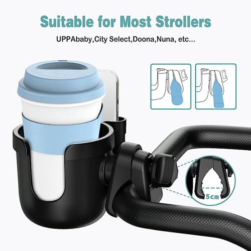 Guiseapue Stroller Cup Holder with Phone Holder, Bottle Holder for Wheelchair, Walker, Bike, Stroller Accessories for Uppababy, Nuna, Doona, Gifts for Her, Him, Kids - Black
