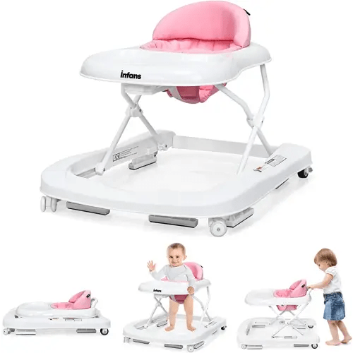 INFANS Foldable Baby Walker, 3 in 1 Toddler Walker Learning-Seated Walk-Behind for Boys and Girls, Adjustable Speed Rear Wheels, Safety Bumper, Detachable Seat Cover, Anti-Rollover (Pink)