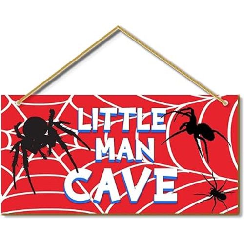 Little Man Cave, Spider Room Decor for Boys Wooden Door Sign Baby Boys Bedroom Wall Decorations for Nursery Toddler Nursery Playroom Wall Art