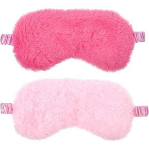 2 Pcs Plush Eye Mask, Soft Sleeping Blindfold Eye Cover Comfortable Satin Back New Faux Fur Nap Eyes Cover Cute Fluffy Furry Sleeping Blindfold for Men Women Plane, Game, Travel Nap (Pink)