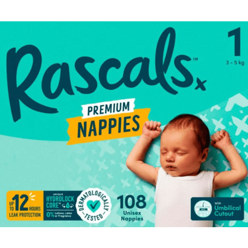 Rascals Premium Nappies Size 1 (3-5kg) | 108 Pack