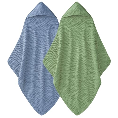 Unnivoll Hooded Baby Towels 100% Muslin Cotton Baby Bath Towels with Hood 2 Pack Baby Towels for Newborn, Infant, Toddler, Kids, Large 32x32Inches, Soft and Absorbent Newborn Essential Green and Blue