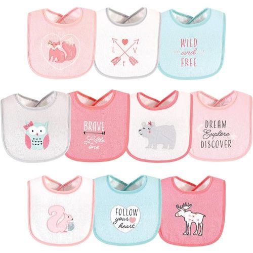 Hudson Baby Unisex Baby Cotton Terry Drooler Bibs With Fiber Filling - Girl Woodland - One Size