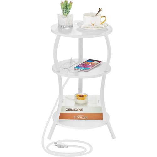 Small Round Side Table with Charging Station, 3-Tier Waist Circular End Table with Storage Shelf, Compact Tea Sofa Side Table Small Spaces, Round Corner Coffee Table for Living Room Bedroon,White