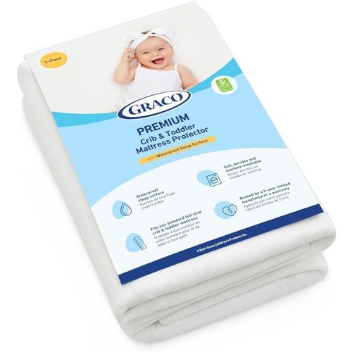 Graco Premium Waterproof Crib and Toddler Mattress Protector (2 Pack) – GREENGUARD Gold Certified, Machine-Washable & Dryer-Friendly, Waterproof Sleep Surface, Fits Crib & Mattress - White
